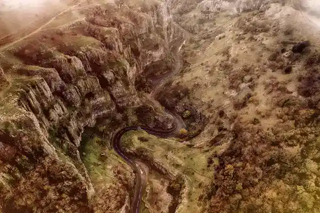 Aerial view of Cheddar Gorge cutting through the Mendip Hills, Somerset — England's largest gorge, five minutes from The Studio Cheddar luxury self-catering retreat